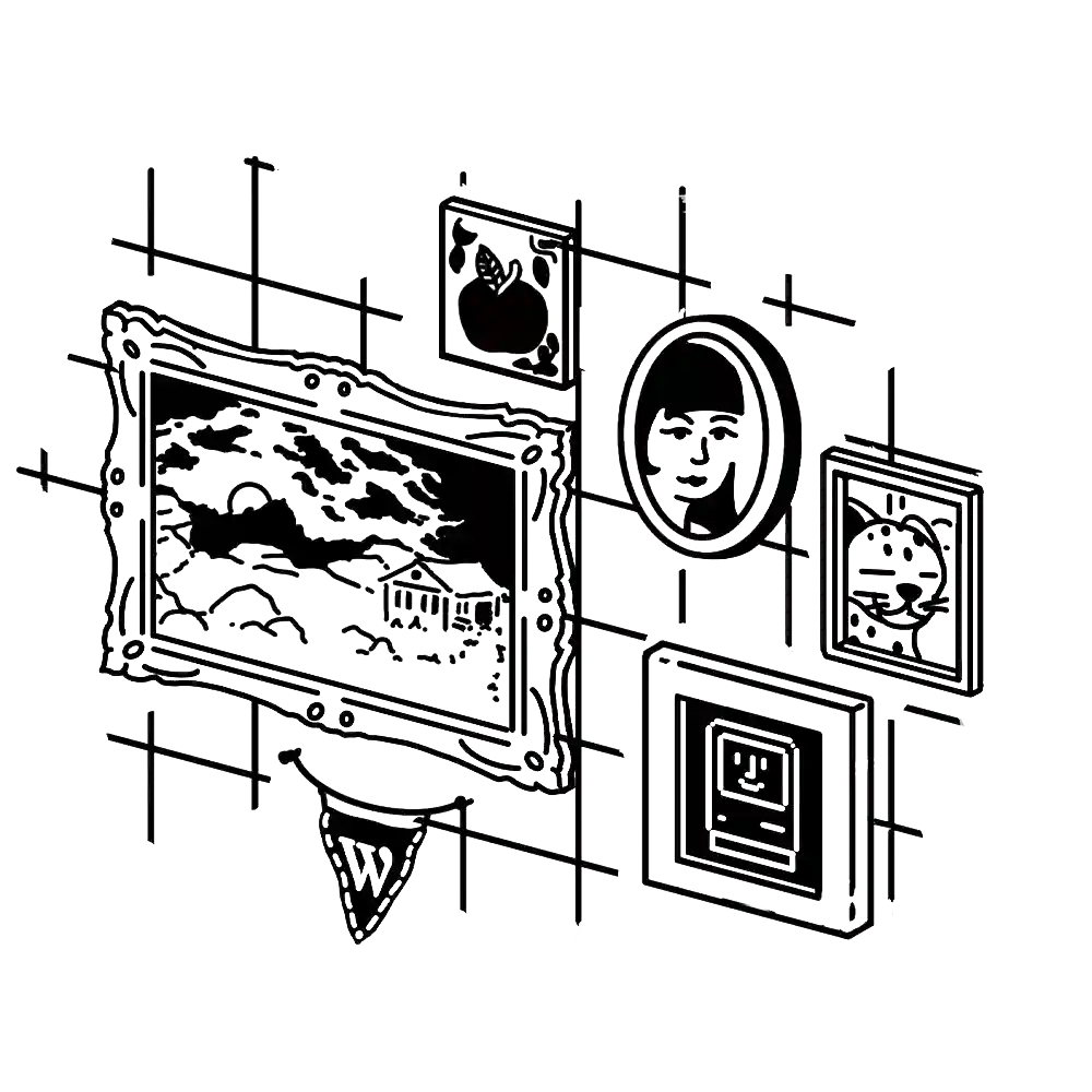 Isometrische Illustration einer digitalen Galerie mit Kunstwerken, Icons und technischen Elementen – Darstellung kreativer und vielseitiger Portfolio-Websites.